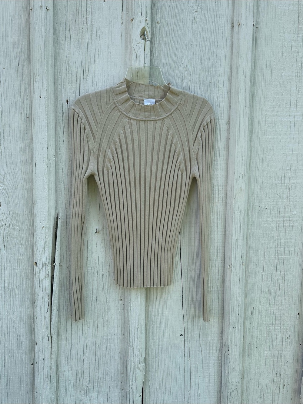 Cabi Style 4816 Ribbed Knit Sweater Medium Beige Oatmeal 90% Cotton Mock Neck M